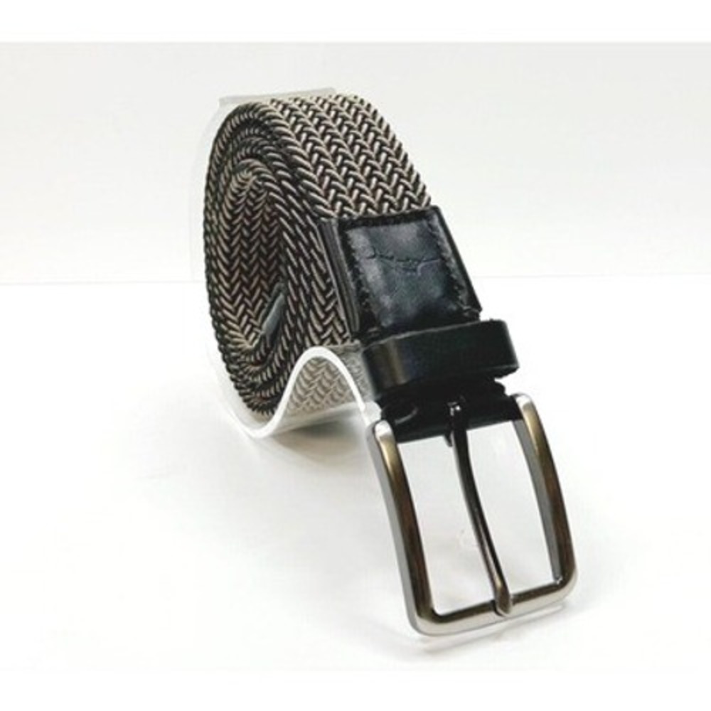 TOMMY BAHAMA Two Tone Stretchy Woven Belt Leather Trim Beige Black Sz S/M 30-36"